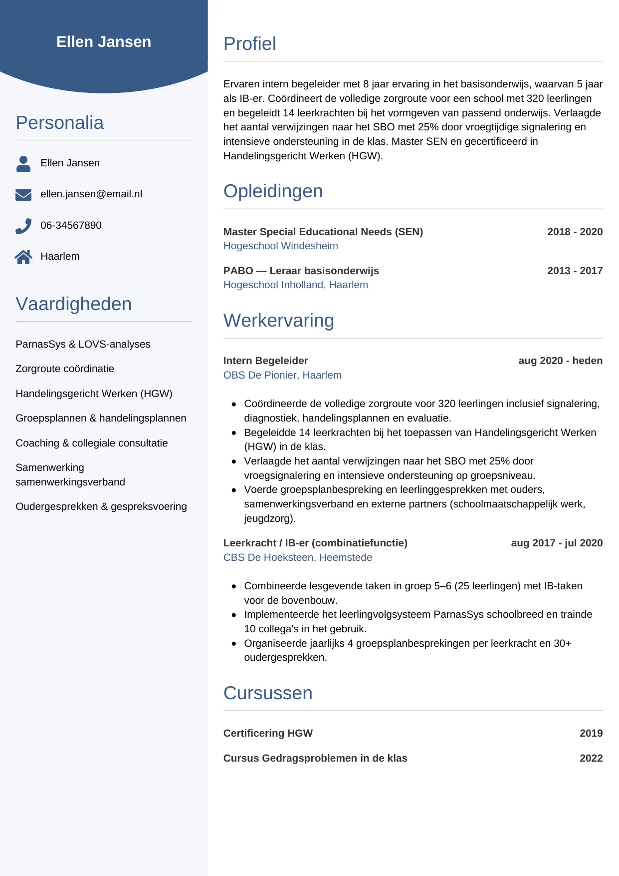 Voorbeeld CV voor intern begeleider in template Circulair. CV Circulair voor intern begeleider