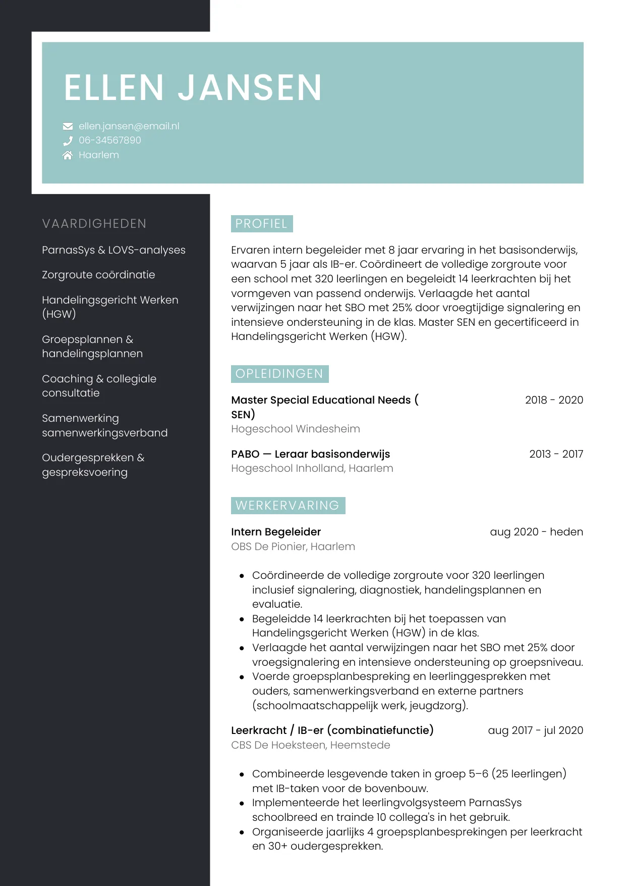 Voorbeeld CV voor intern begeleider in template Elegant. CV Elegant voor intern begeleider
