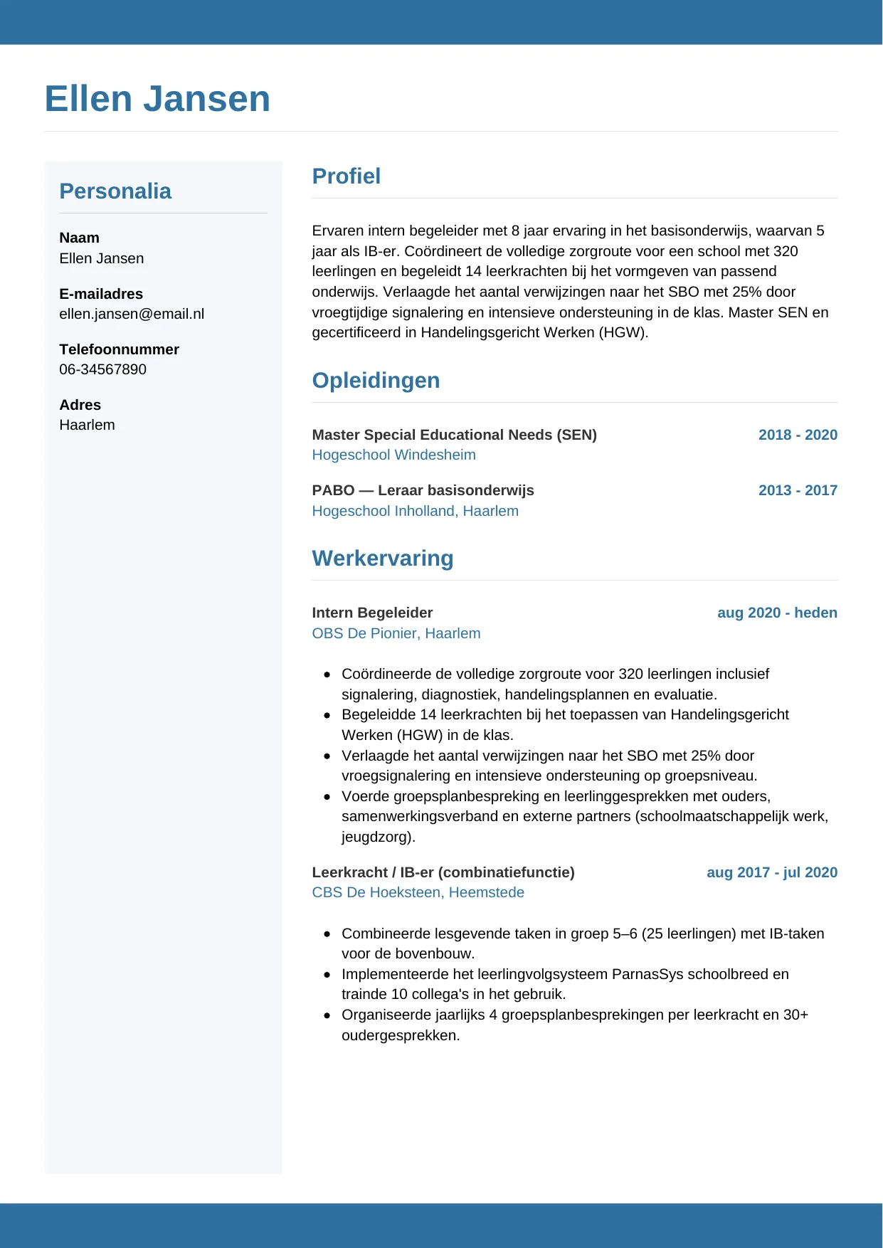 Voorbeeld CV voor intern begeleider in template Horizontaal. CV Horizontaal voor intern begeleider