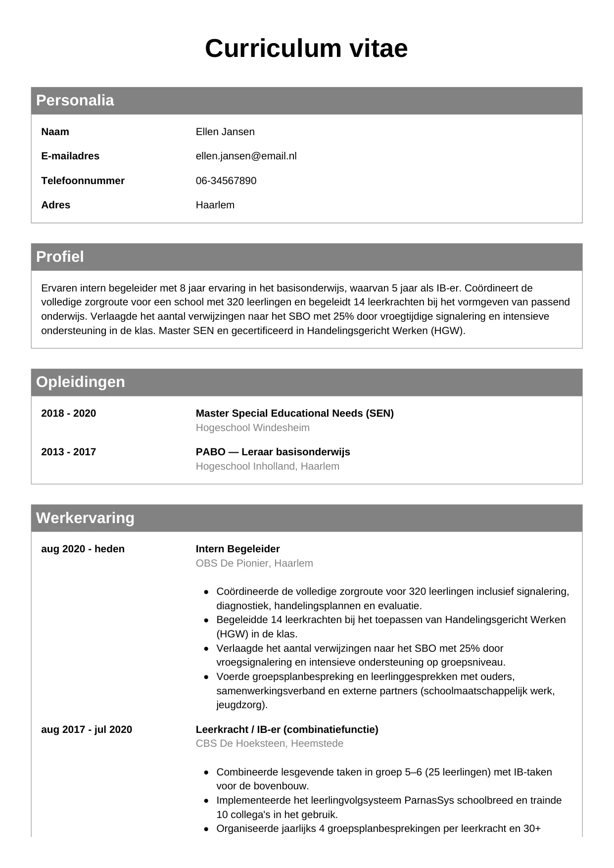 Voorbeeld CV voor intern begeleider in template Klassiek. CV Klassiek voor intern begeleider