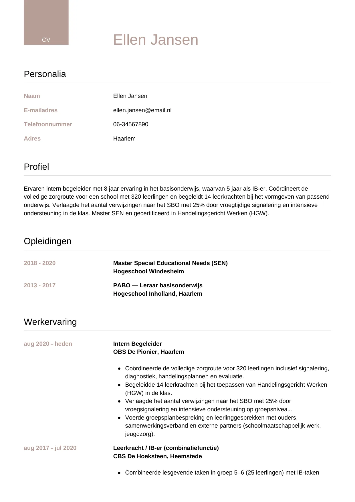 Voorbeeld CV voor intern begeleider in template Luxe. CV Luxe voor intern begeleider