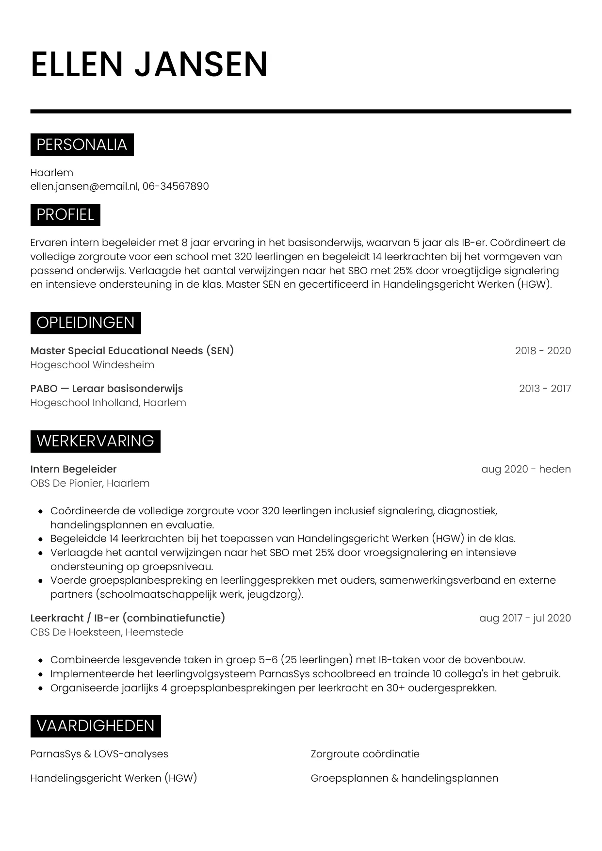 Voorbeeld CV voor intern begeleider in template Metro. CV Metro voor intern begeleider