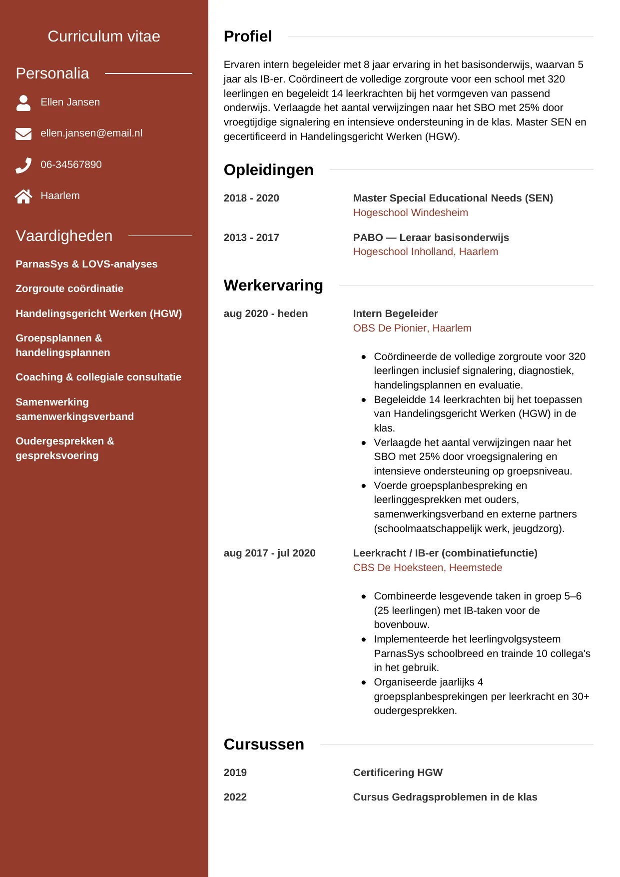 Voorbeeld CV voor intern begeleider in template Modern. CV Modern voor intern begeleider