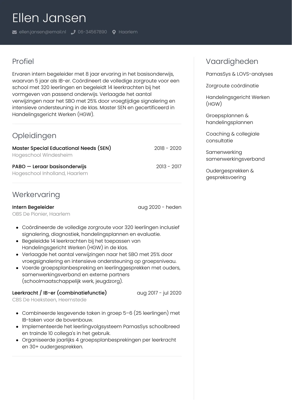 Voorbeeld CV voor intern begeleider in template Professioneel. CV Professioneel voor intern begeleider