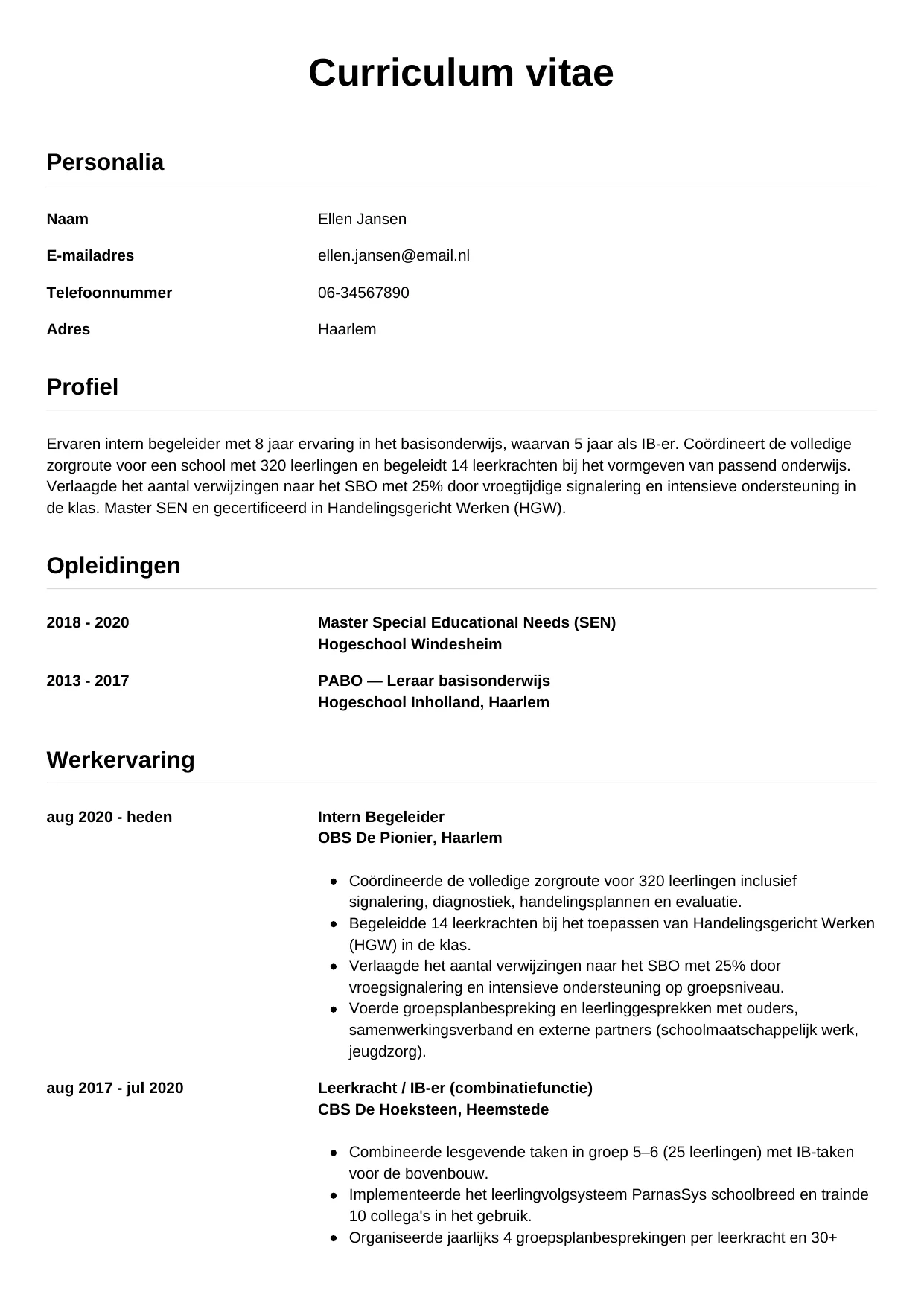 Voorbeeld CV voor intern begeleider in template Simpel. CV Simpel voor intern begeleider