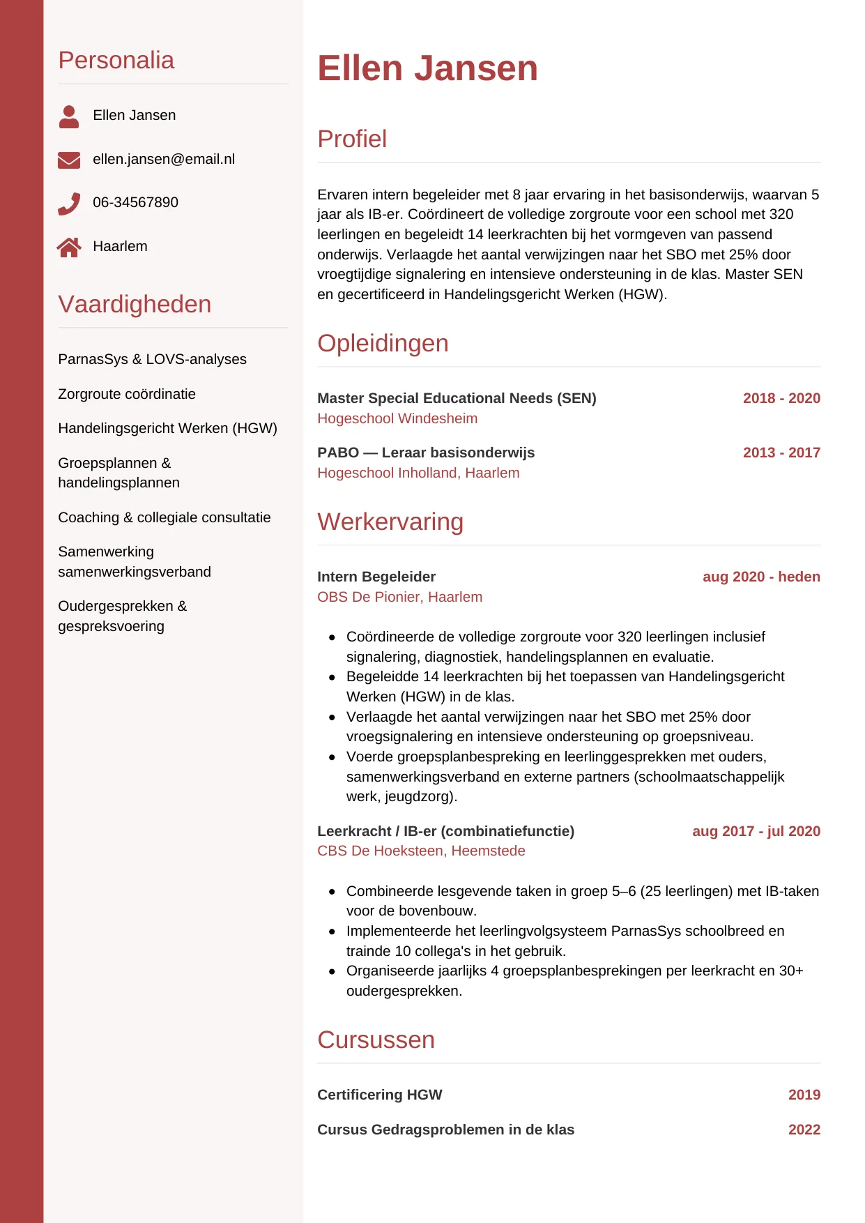 Voorbeeld CV voor intern begeleider in template Verticaal. CV Verticaal voor intern begeleider