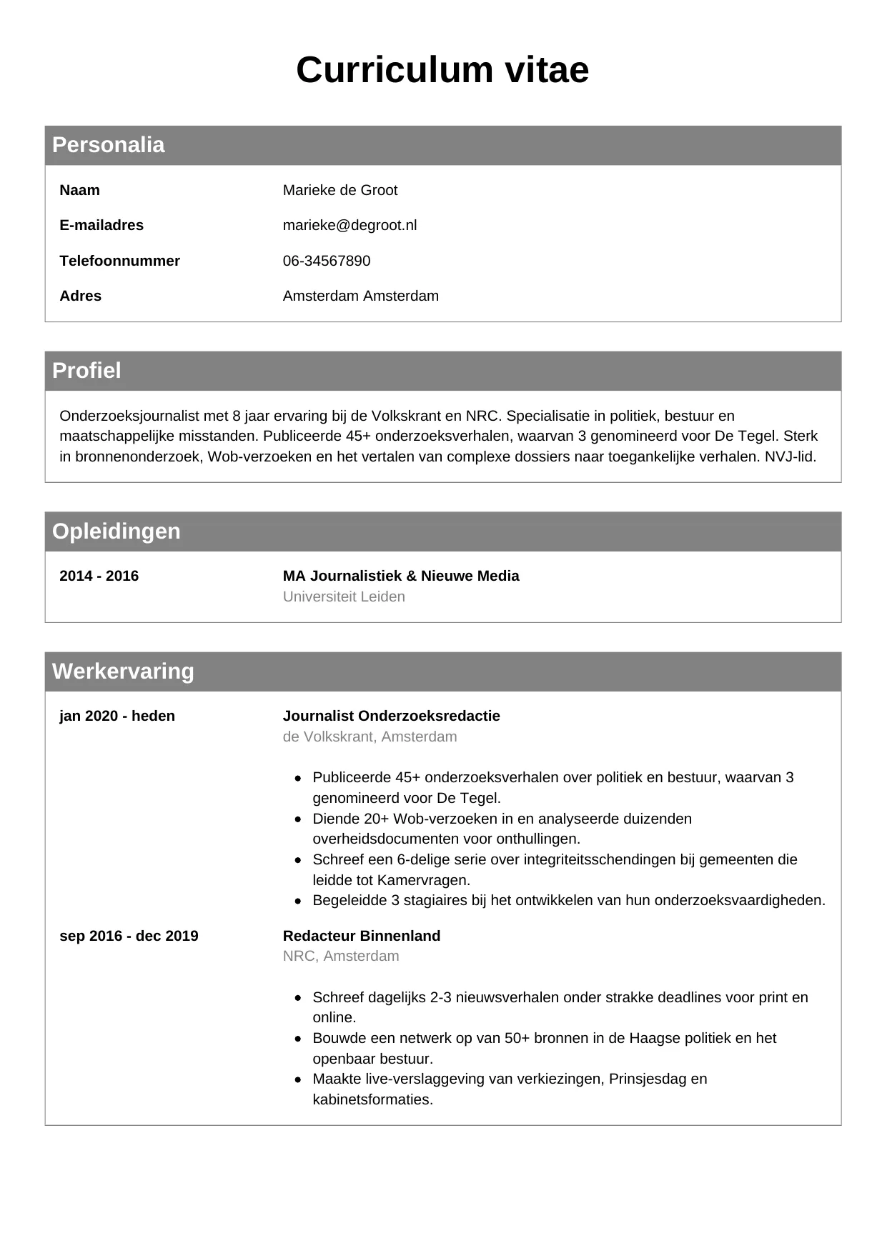 CV Klassiek voor journalist