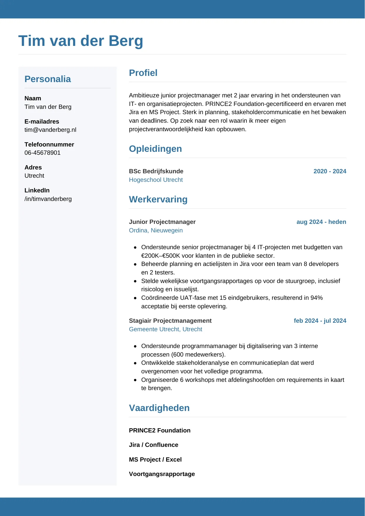 CV Horizontaal voor junior projectmanager