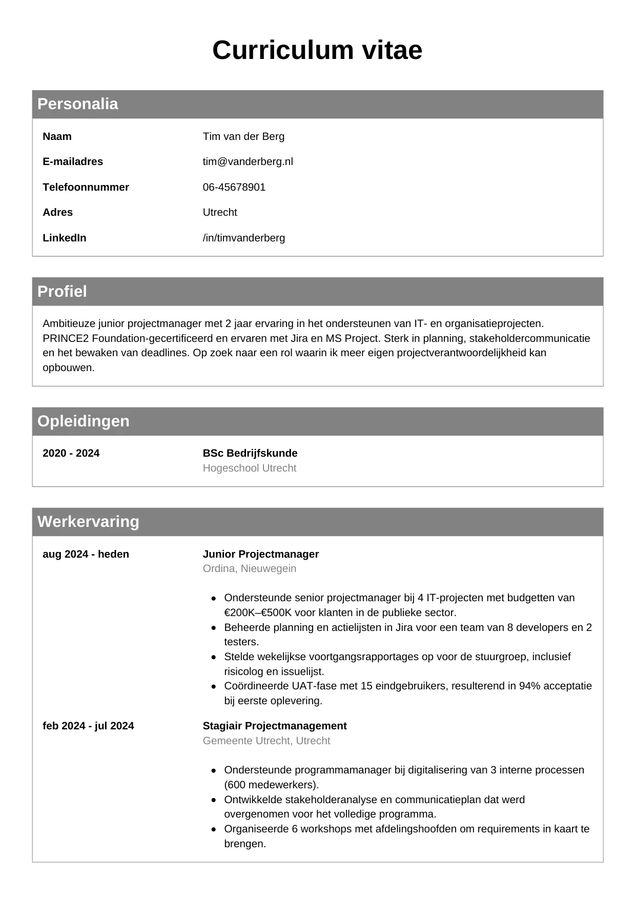 CV Klassiek voor junior projectmanager