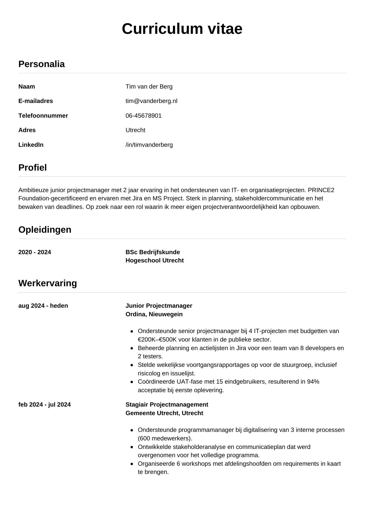 CV Simpel voor junior projectmanager