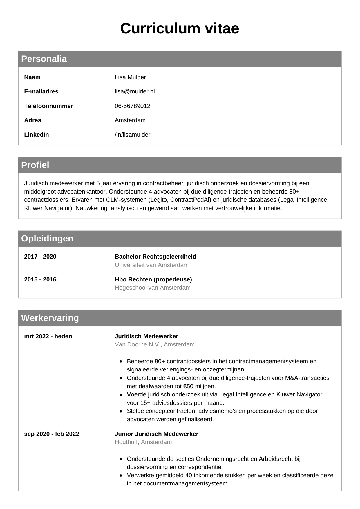 CV Klassiek voor juridisch medewerker