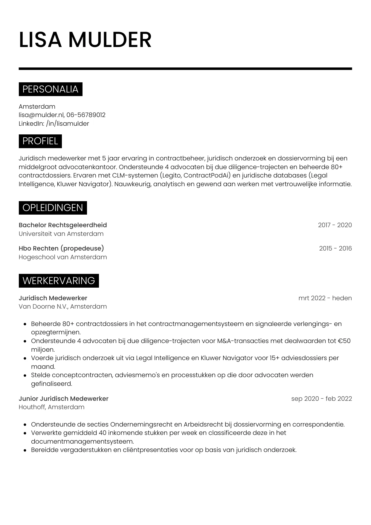 CV Metro voor juridisch medewerker