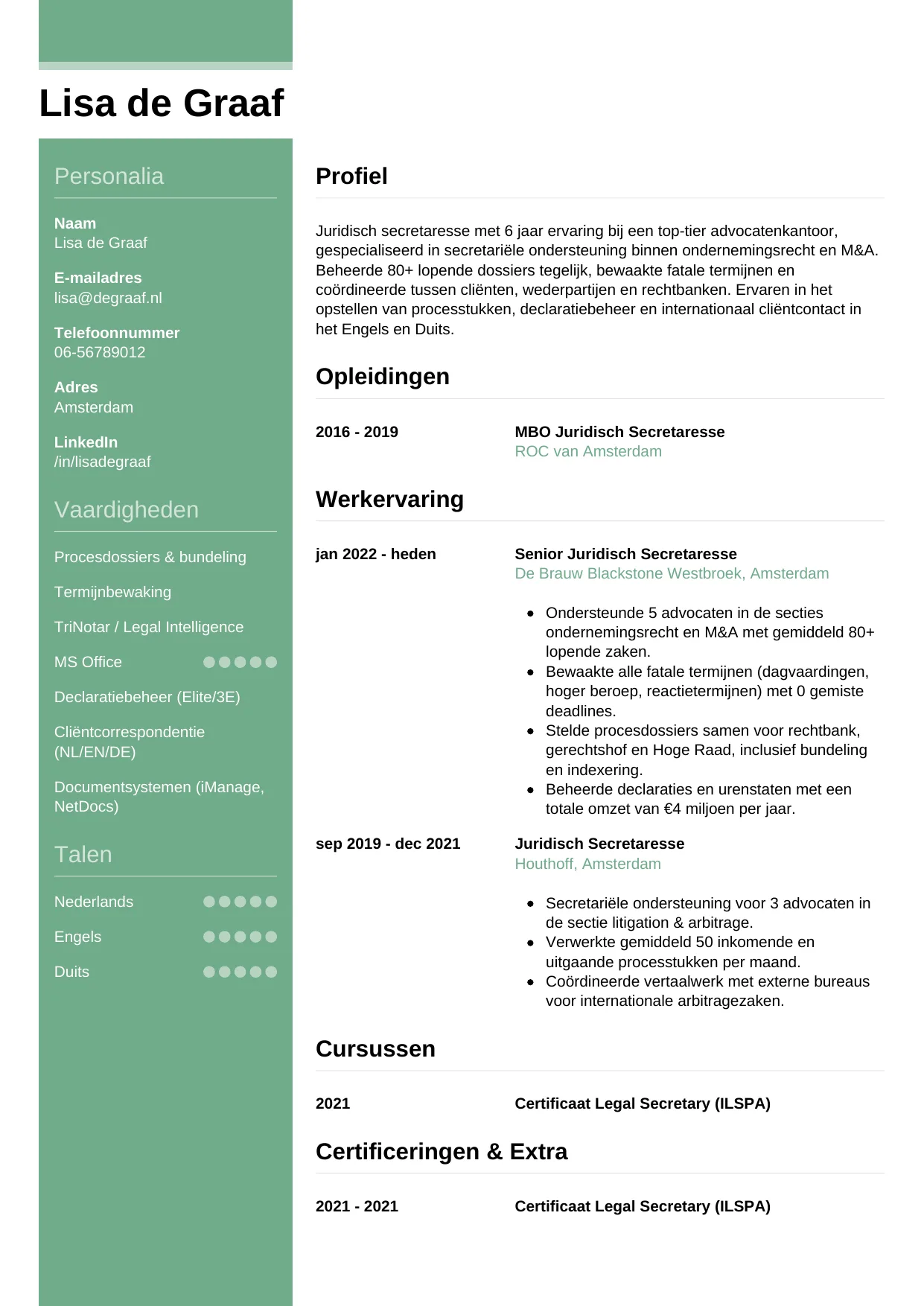 Voorbeeld CV voor juridisch secretaresse in template Casual. CV Casual voor juridisch secretaresse
