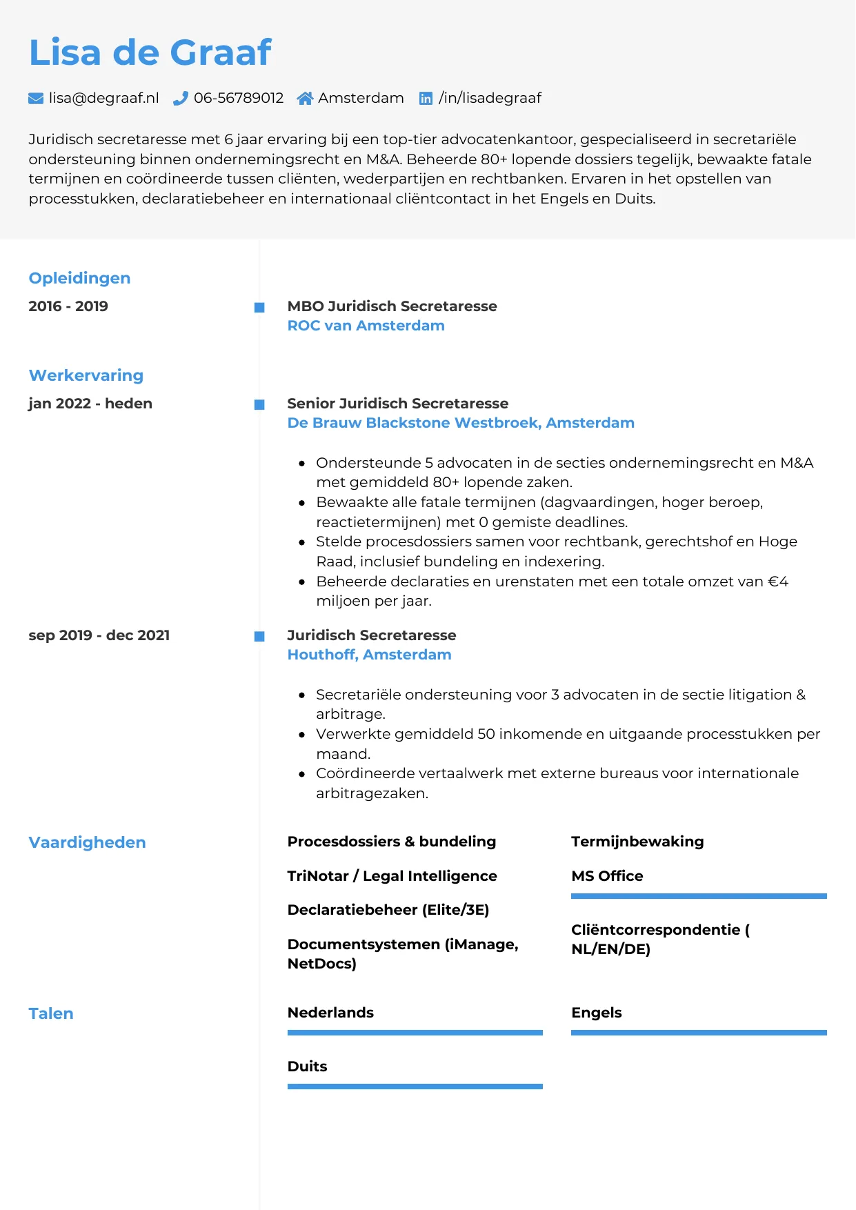 Voorbeeld CV voor juridisch secretaresse in template Chrono. CV Chrono voor juridisch secretaresse