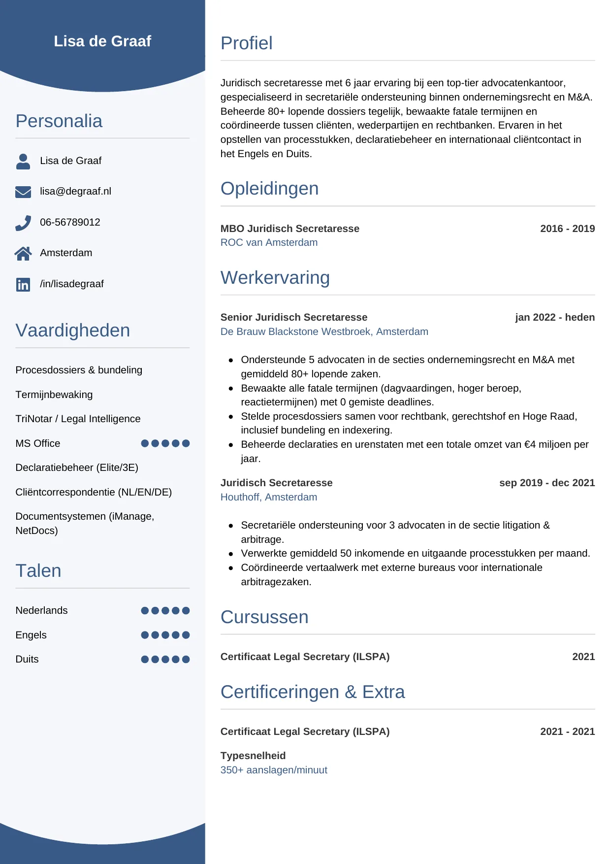 Voorbeeld CV voor juridisch secretaresse in template Circulair. CV Circulair voor juridisch secretaresse