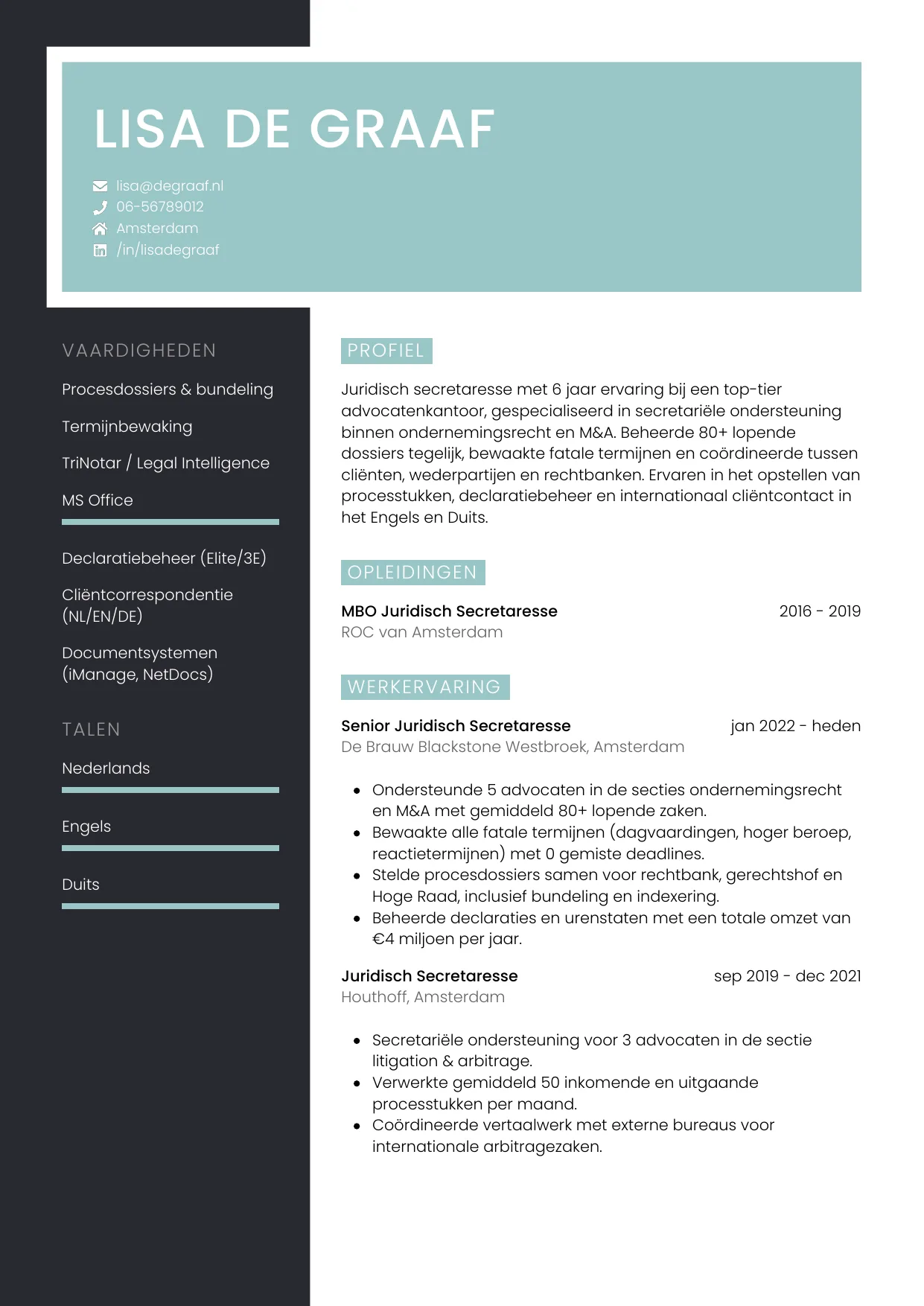 Voorbeeld CV voor juridisch secretaresse in template Elegant. CV Elegant voor juridisch secretaresse