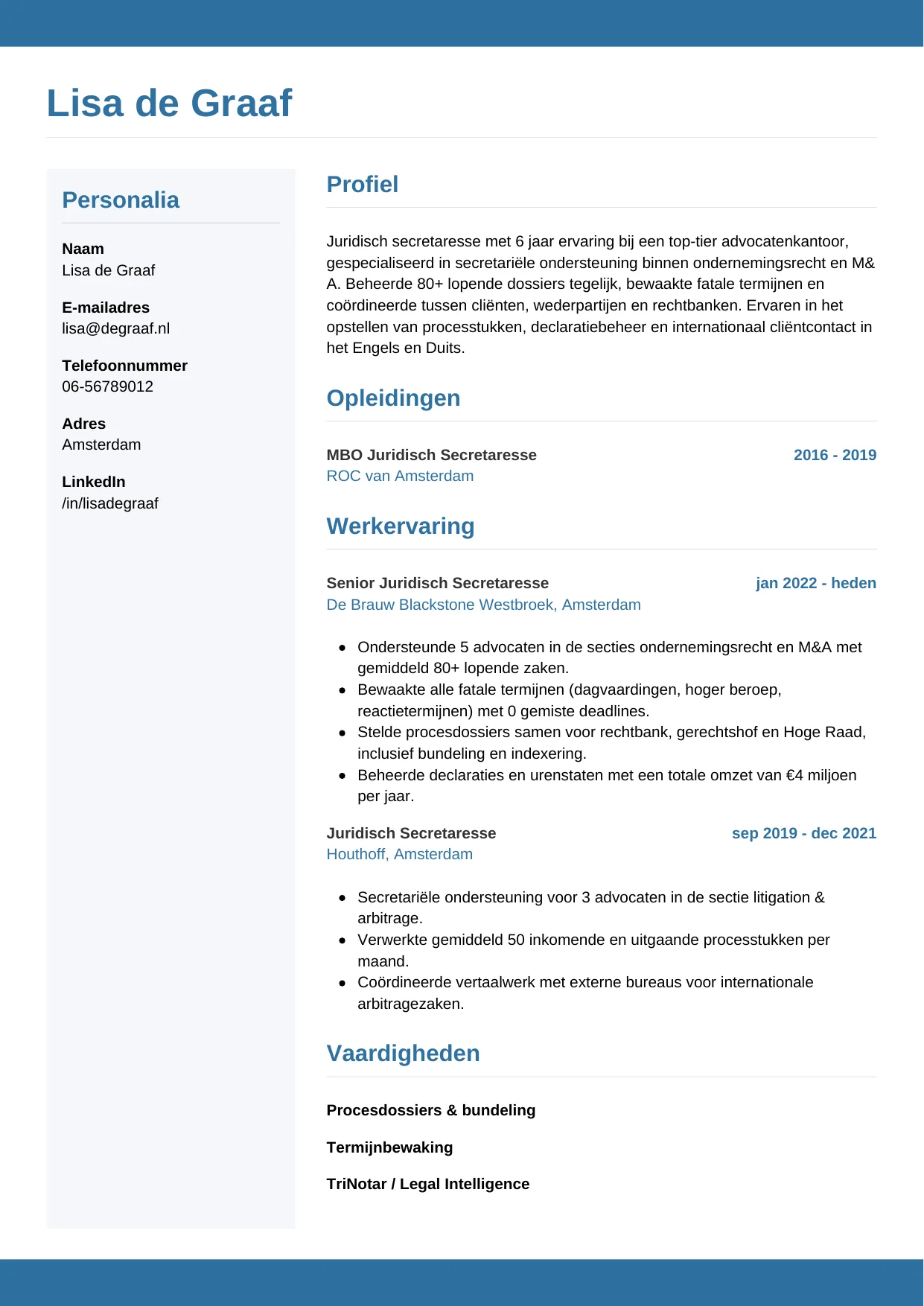 Voorbeeld CV voor juridisch secretaresse in template Horizontaal. CV Horizontaal voor juridisch secretaresse
