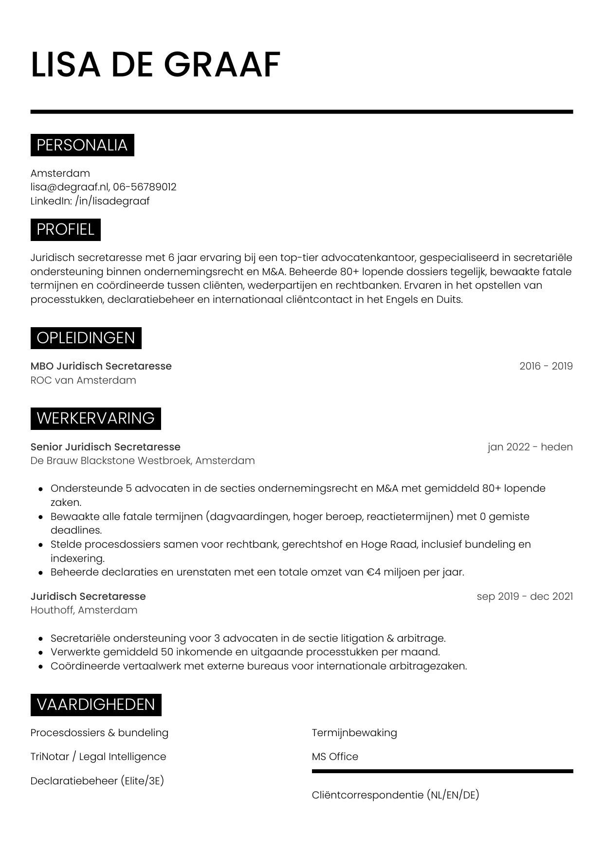 Voorbeeld CV voor juridisch secretaresse in template Metro. CV Metro voor juridisch secretaresse