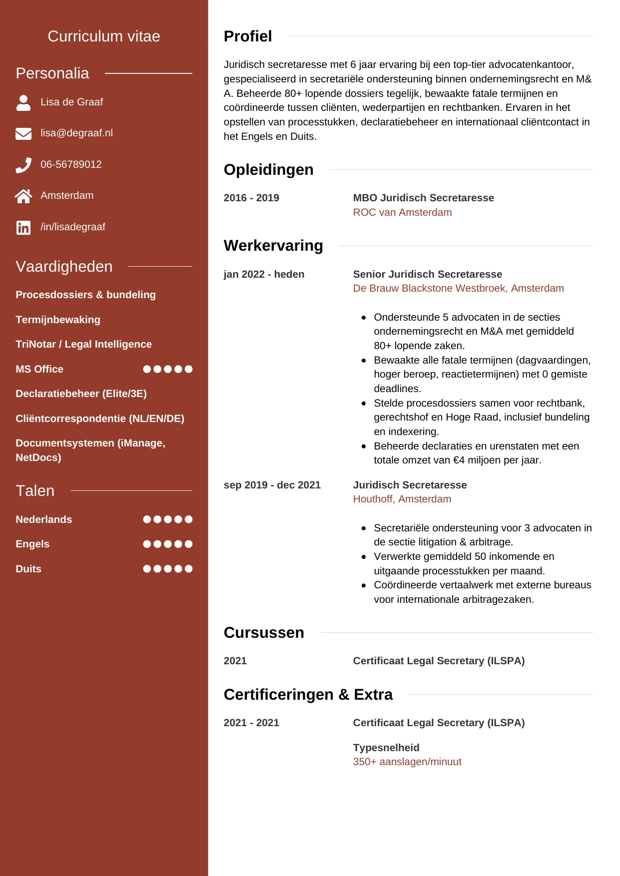 Voorbeeld CV voor juridisch secretaresse in template Modern. CV Modern voor juridisch secretaresse
