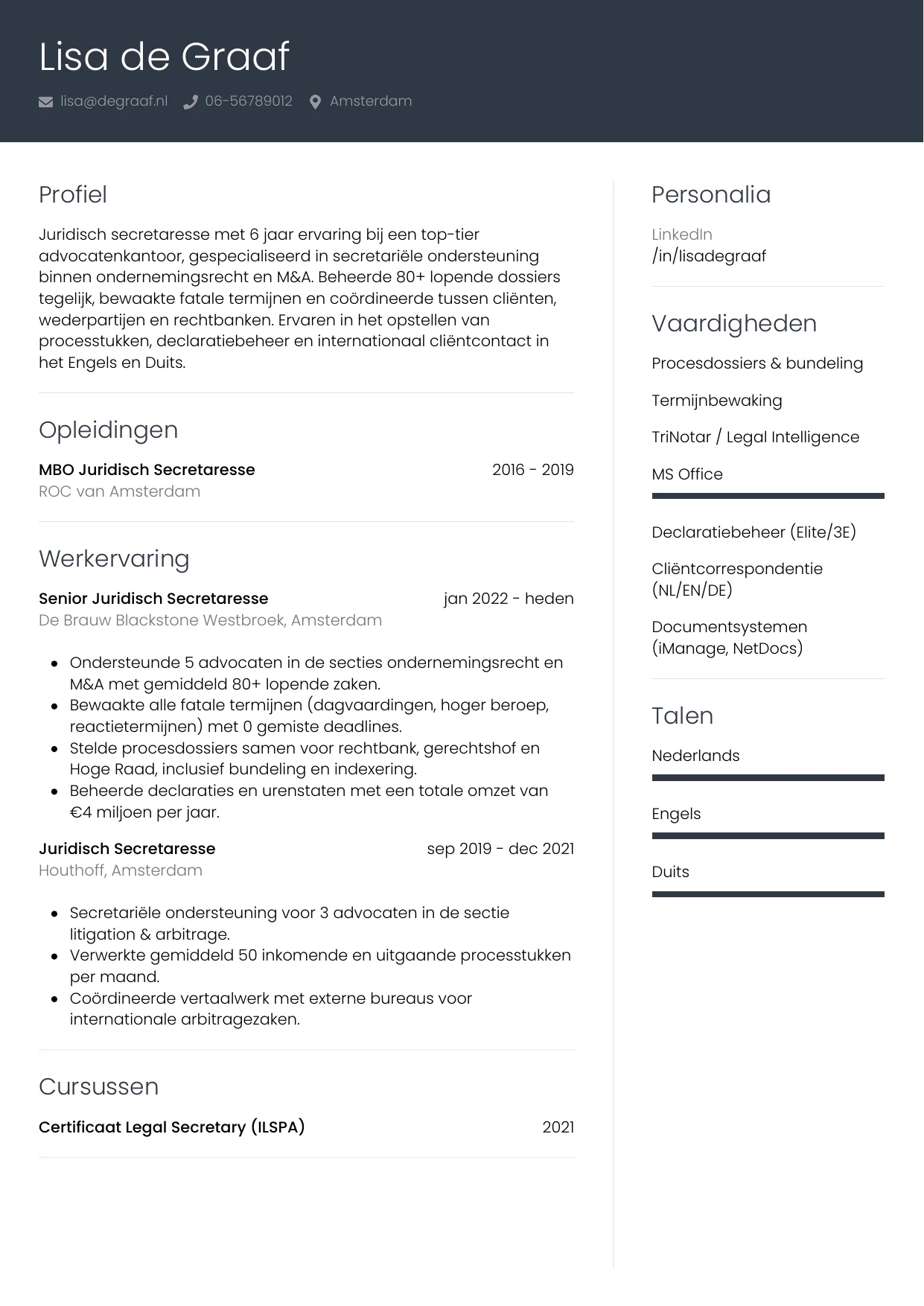 Voorbeeld CV voor juridisch secretaresse in template Professioneel. CV Professioneel voor juridisch secretaresse