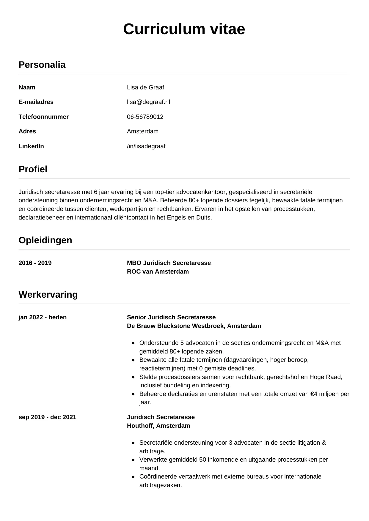 Voorbeeld CV voor juridisch secretaresse in template Simpel. CV Simpel voor juridisch secretaresse