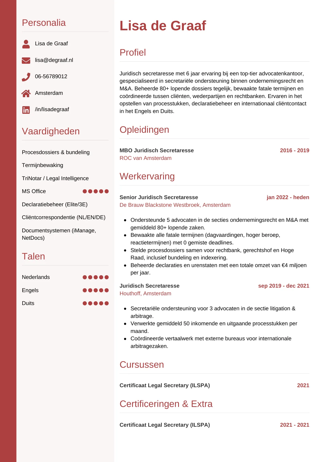 Voorbeeld CV voor juridisch secretaresse in template Verticaal. CV Verticaal voor juridisch secretaresse