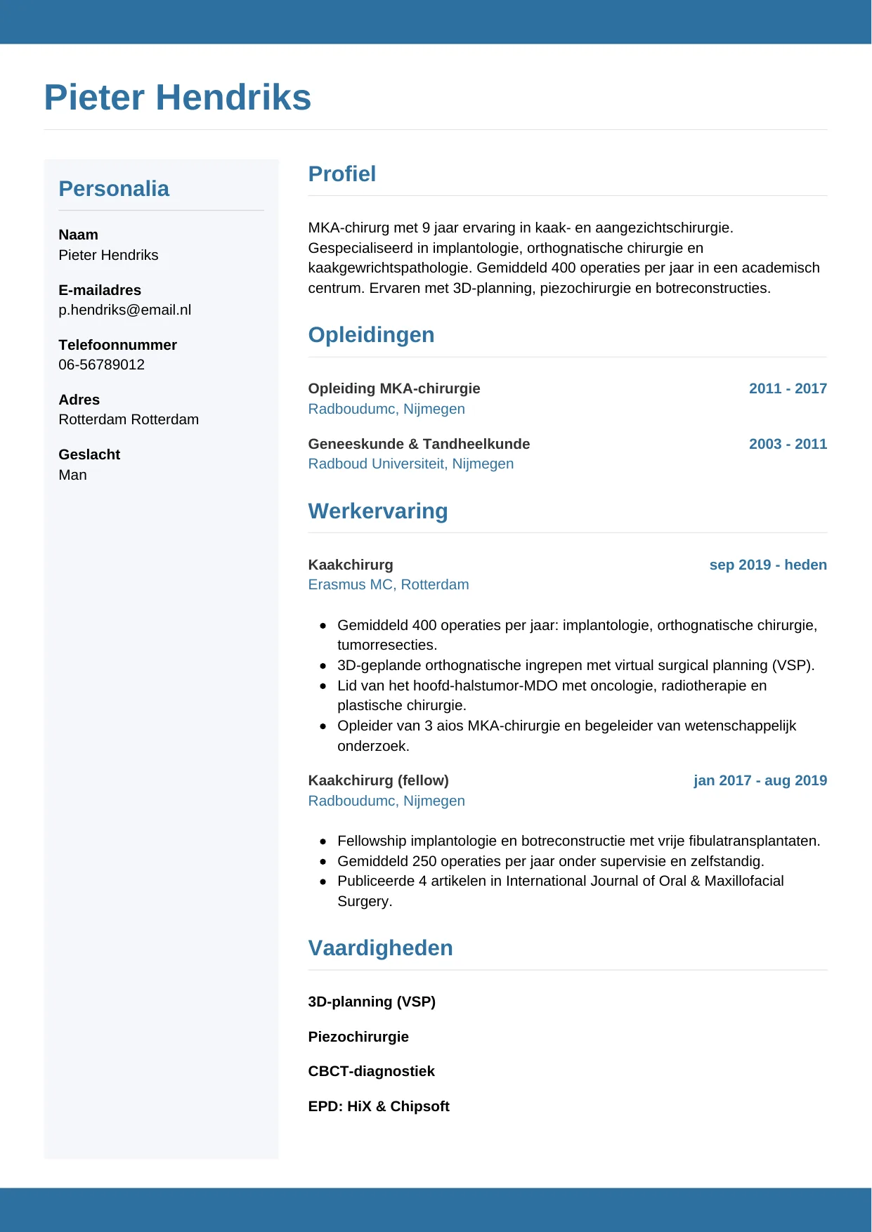 CV Horizontaal voor kaakchirurg