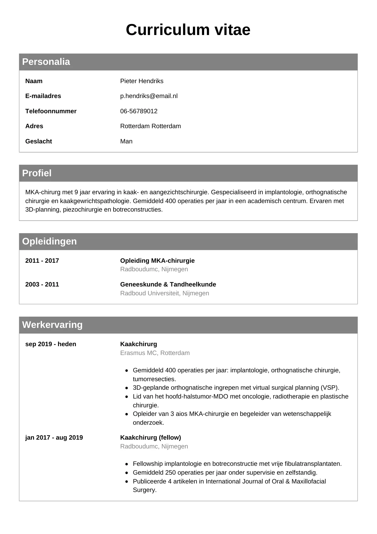 CV Klassiek voor kaakchirurg