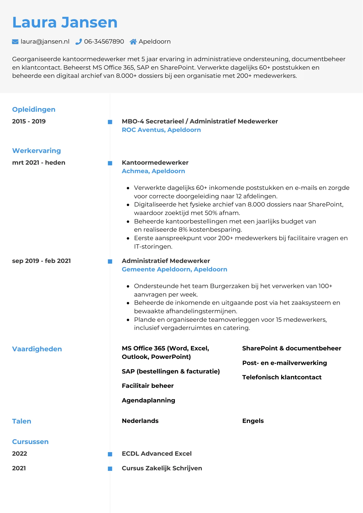 CV Chrono voor kantoormedewerker