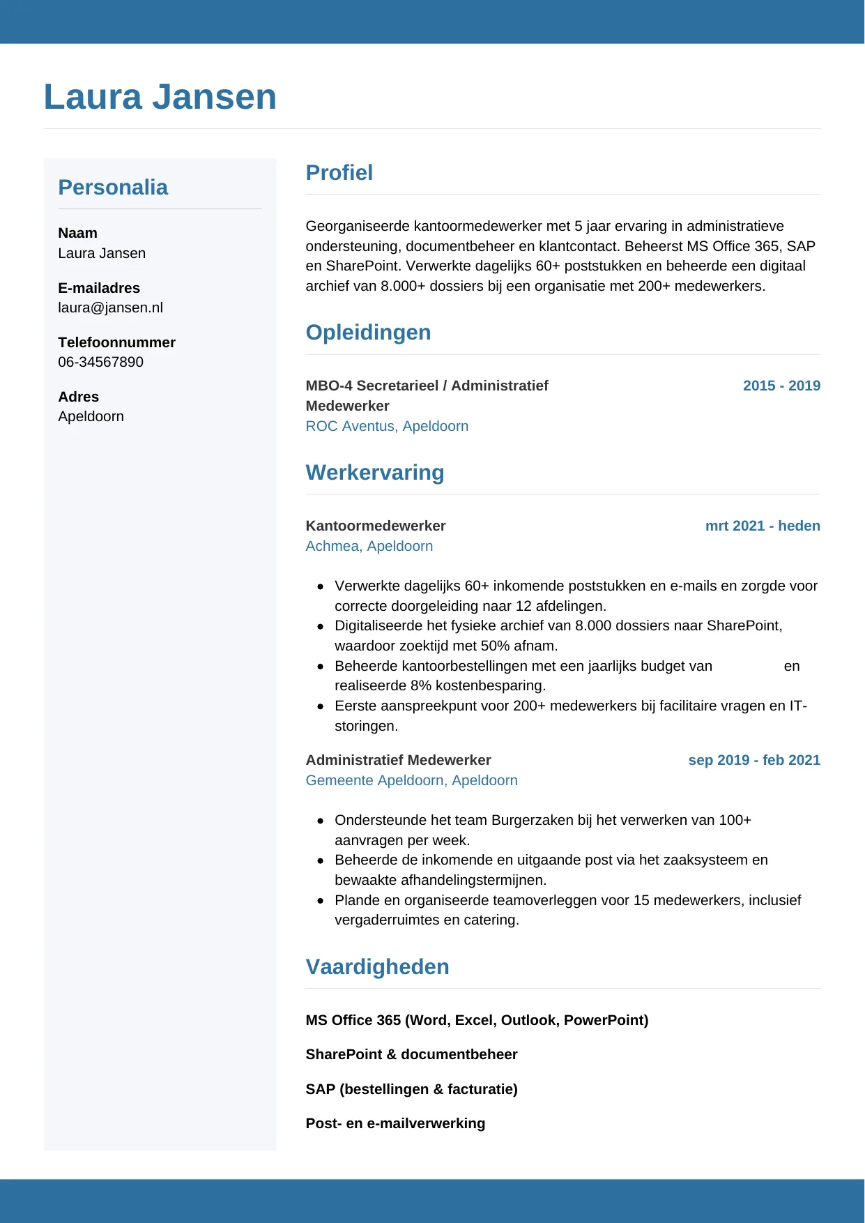 CV Horizontaal voor kantoormedewerker