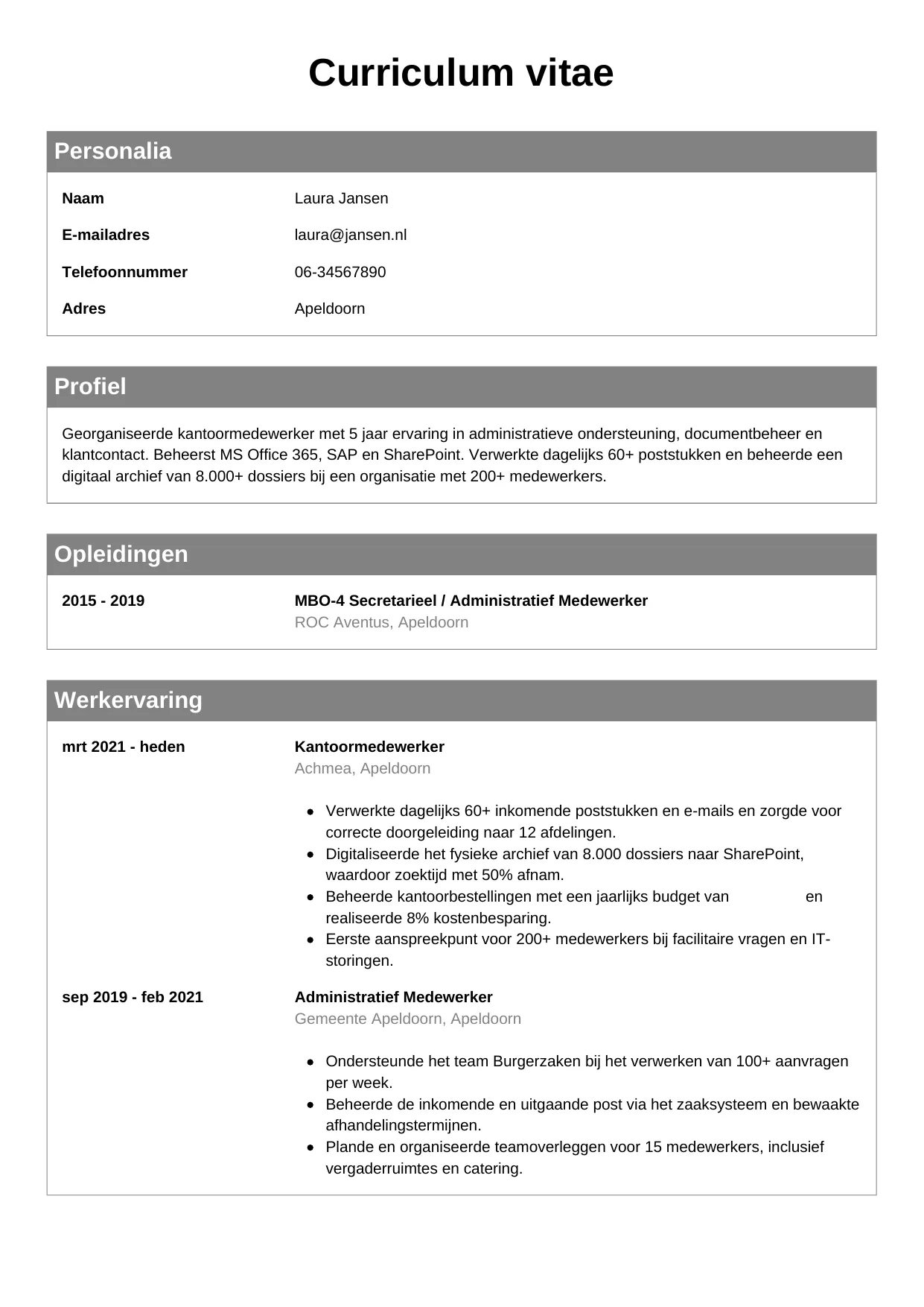 CV Klassiek voor kantoormedewerker