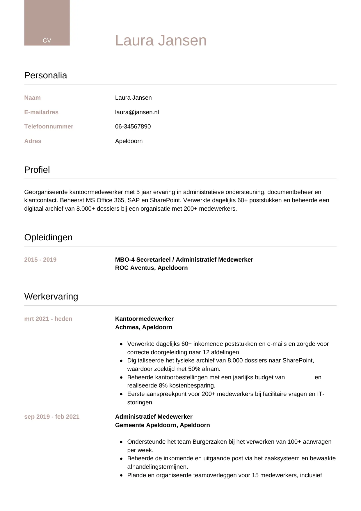 CV Luxe voor kantoormedewerker