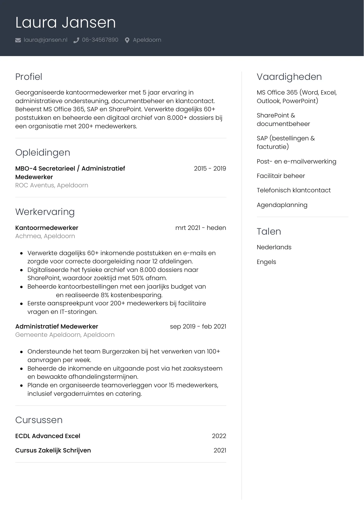 CV Professioneel voor kantoormedewerker