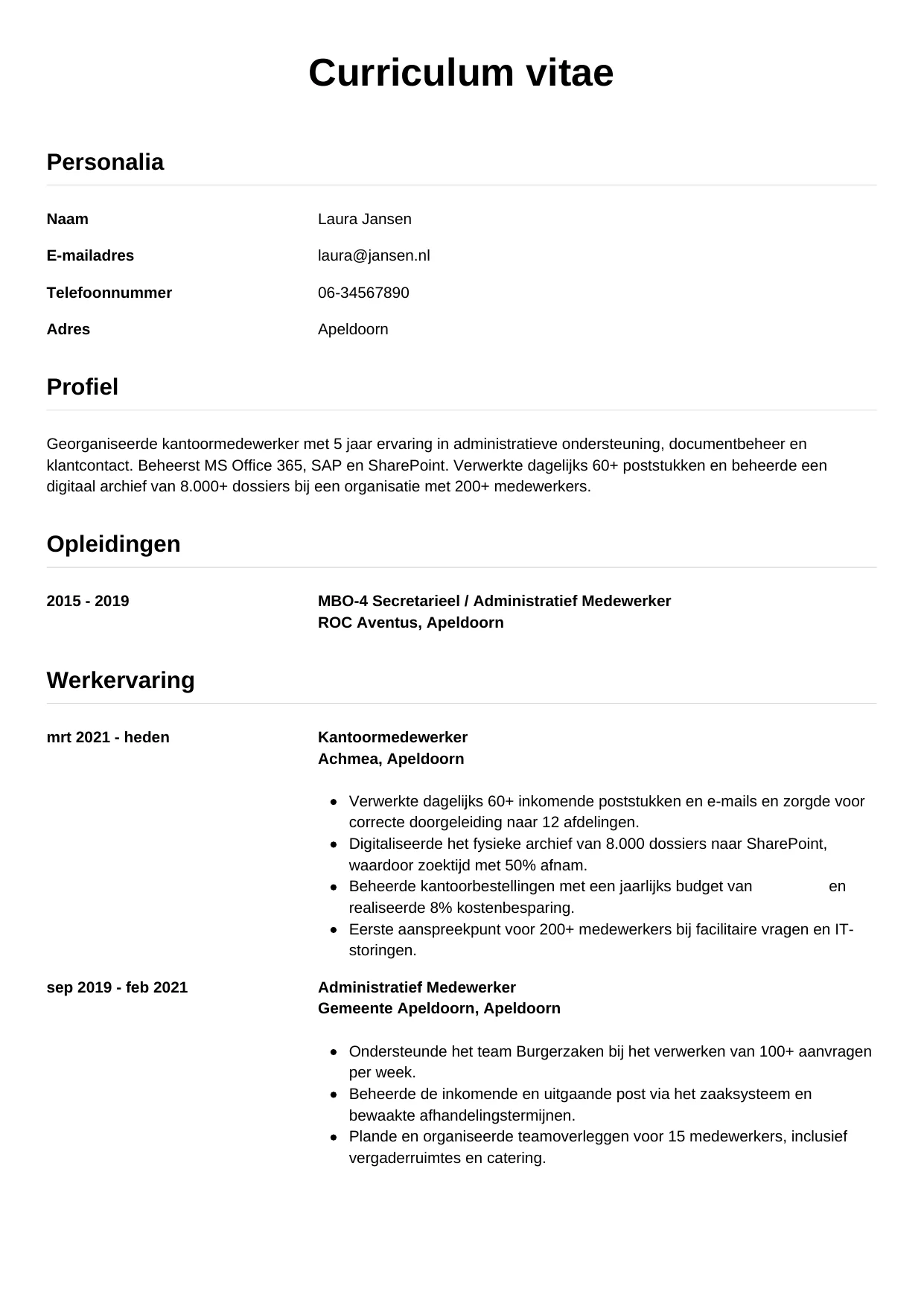 CV Simpel voor kantoormedewerker