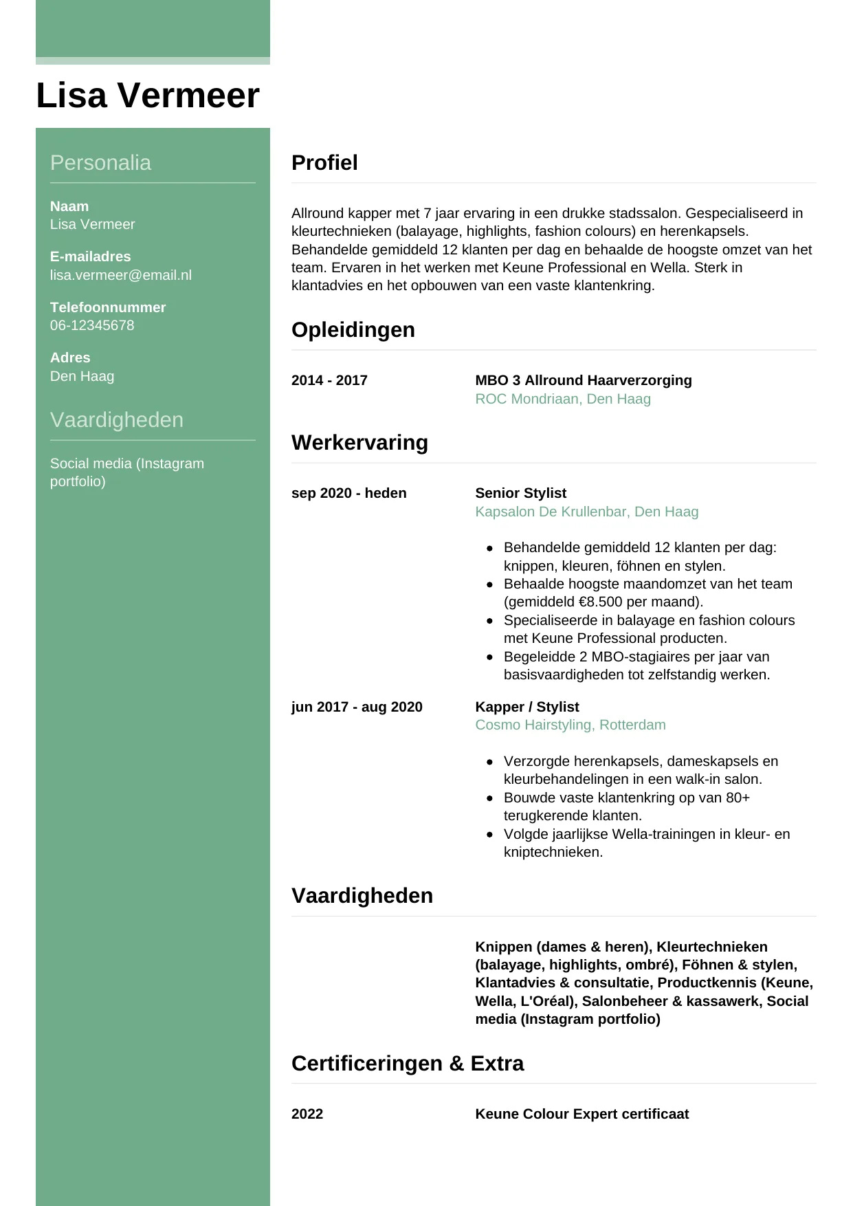 Voorbeeld CV voor kapper in template Casual. CV Casual voor kapper