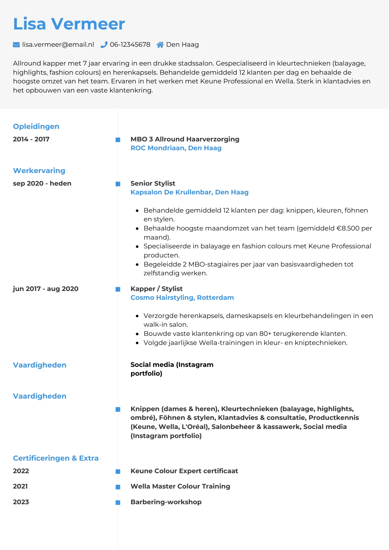 Voorbeeld CV voor kapper in template Chrono. CV Chrono voor kapper