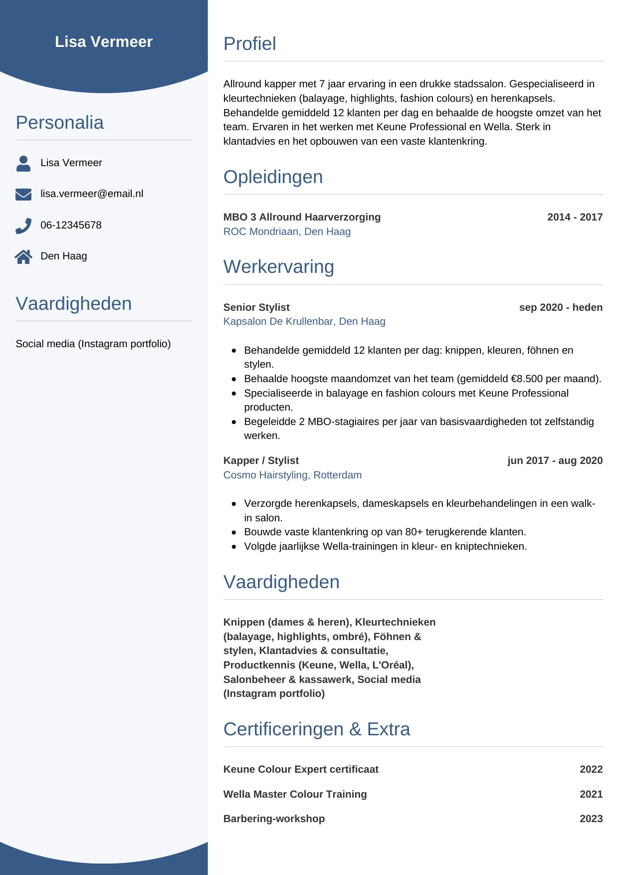 Voorbeeld CV voor kapper in template Circulair. CV Circulair voor kapper