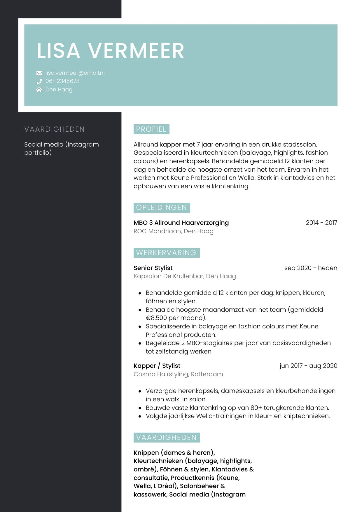 Voorbeeld CV voor kapper in template Elegant. CV Elegant voor kapper