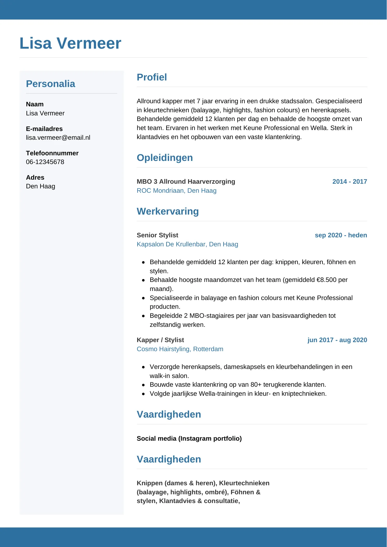 Voorbeeld CV voor kapper in template Horizontaal. CV Horizontaal voor kapper