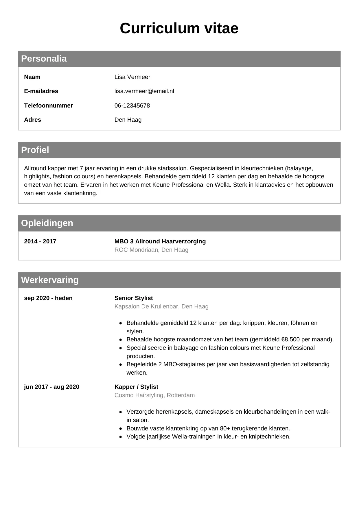 Voorbeeld CV voor kapper in template Klassiek. CV Klassiek voor kapper