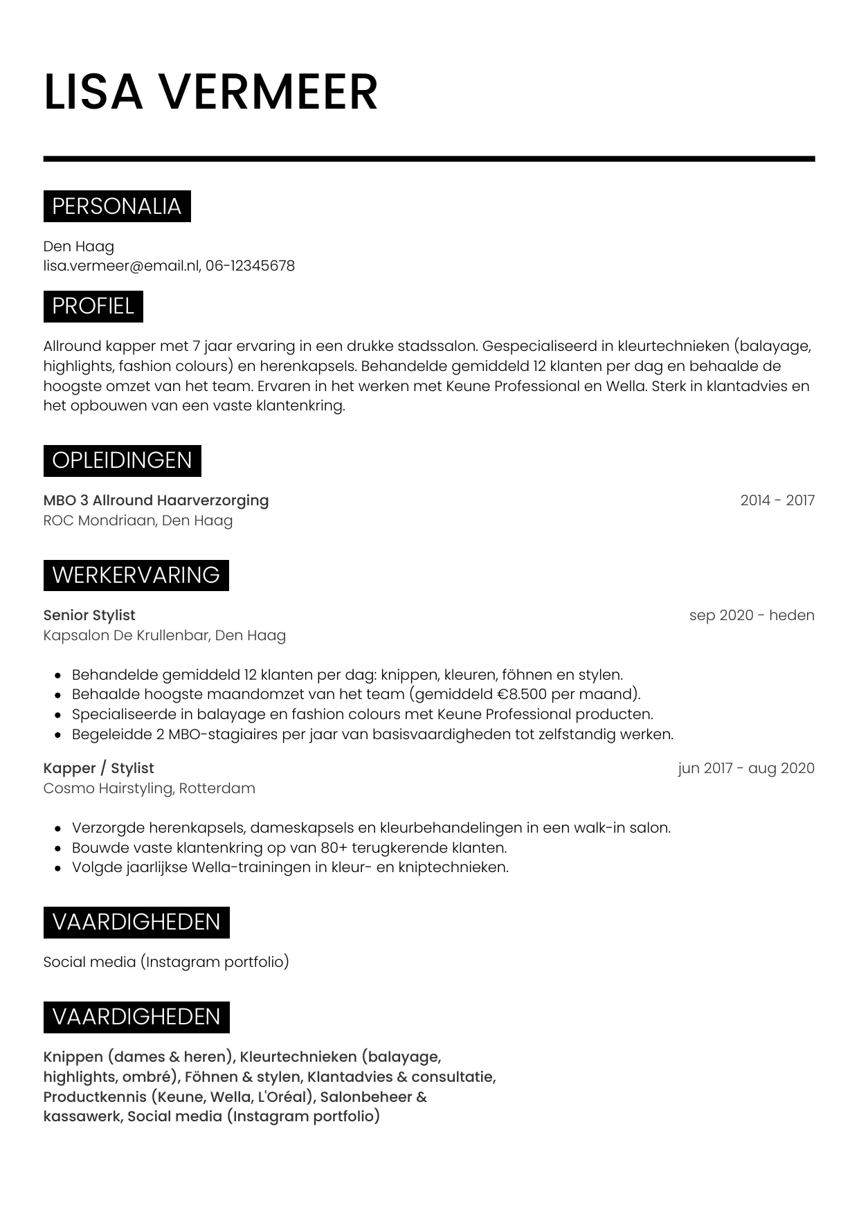 Voorbeeld CV voor kapper in template Metro. CV Metro voor kapper