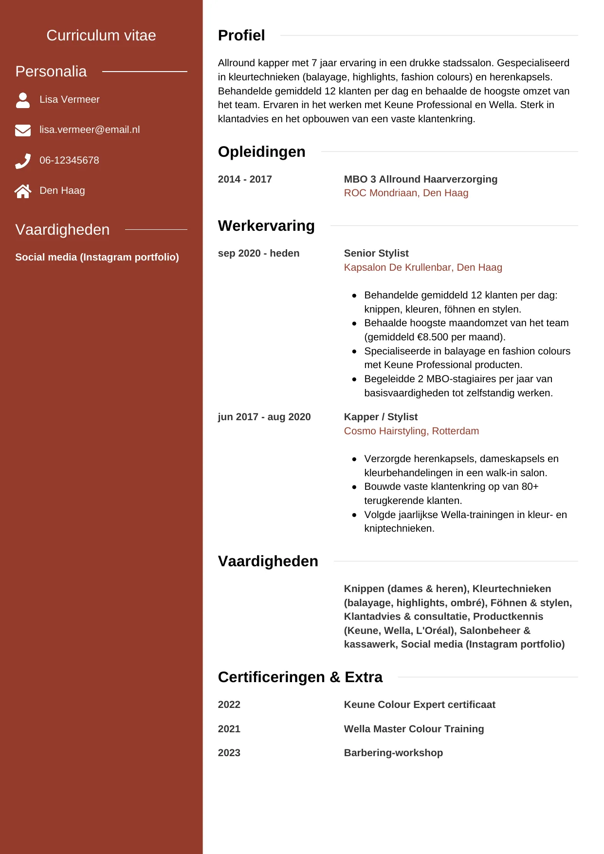 Voorbeeld CV voor kapper in template Modern. CV Modern voor kapper