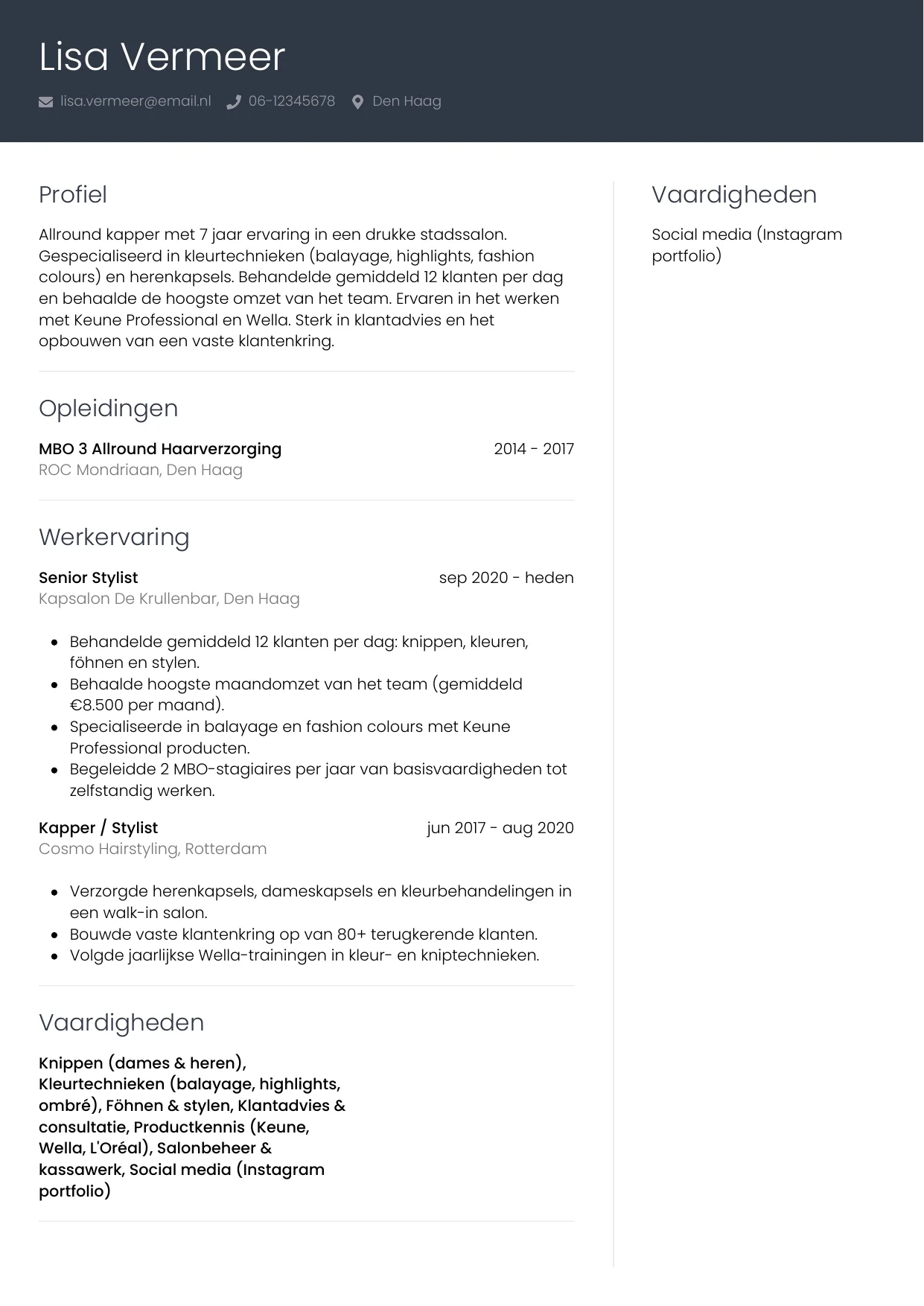 Voorbeeld CV voor kapper in template Professioneel. CV Professioneel voor kapper