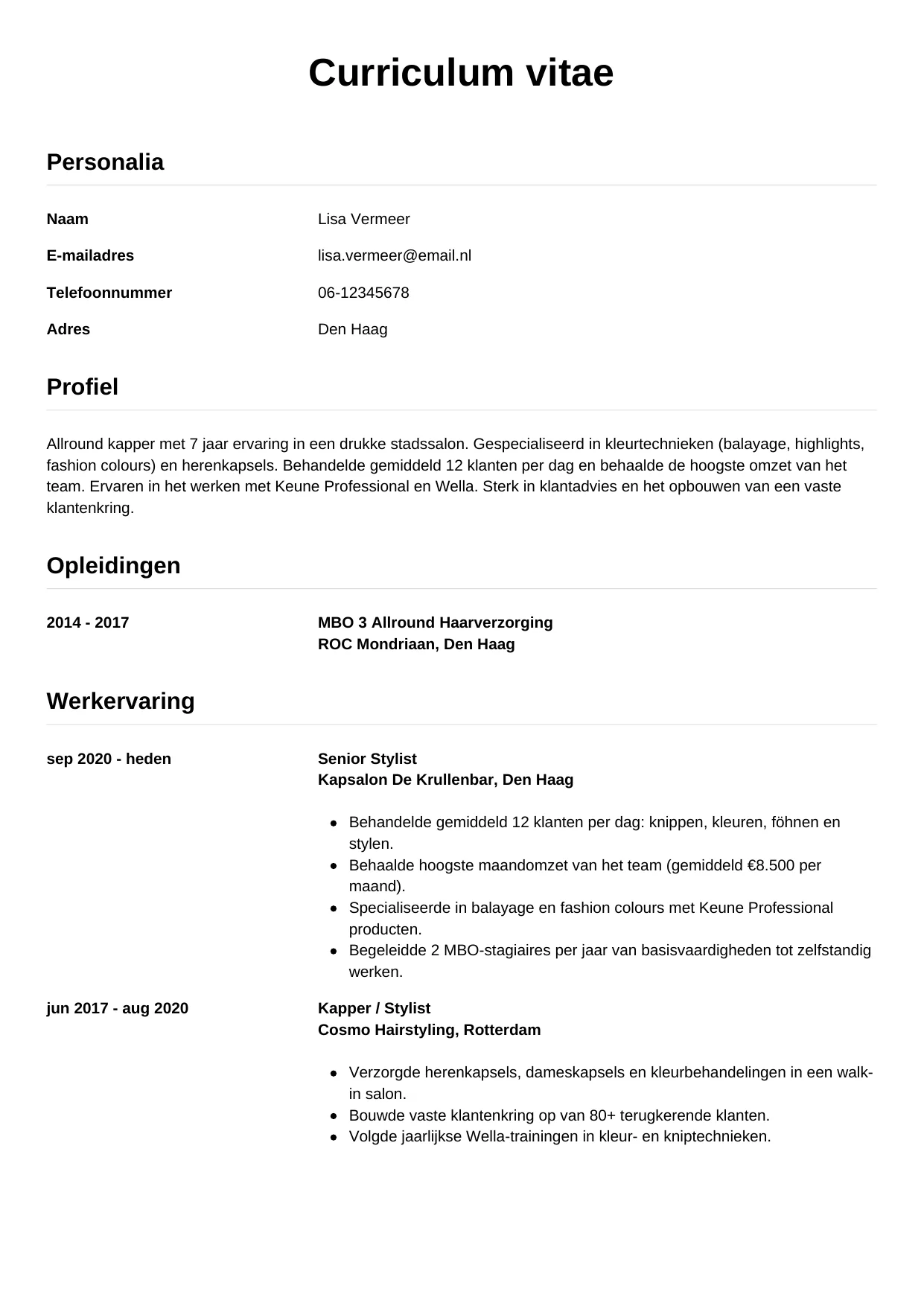 Voorbeeld CV voor kapper in template Simpel. CV Simpel voor kapper