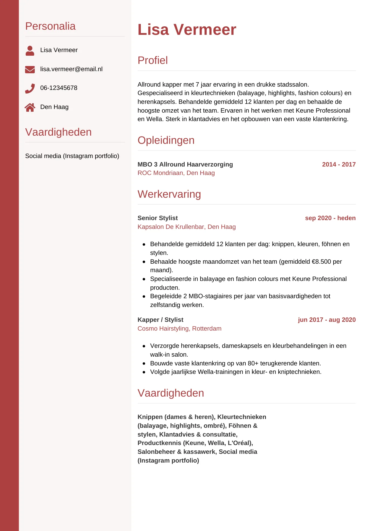 Voorbeeld CV voor kapper in template Verticaal. CV Verticaal voor kapper