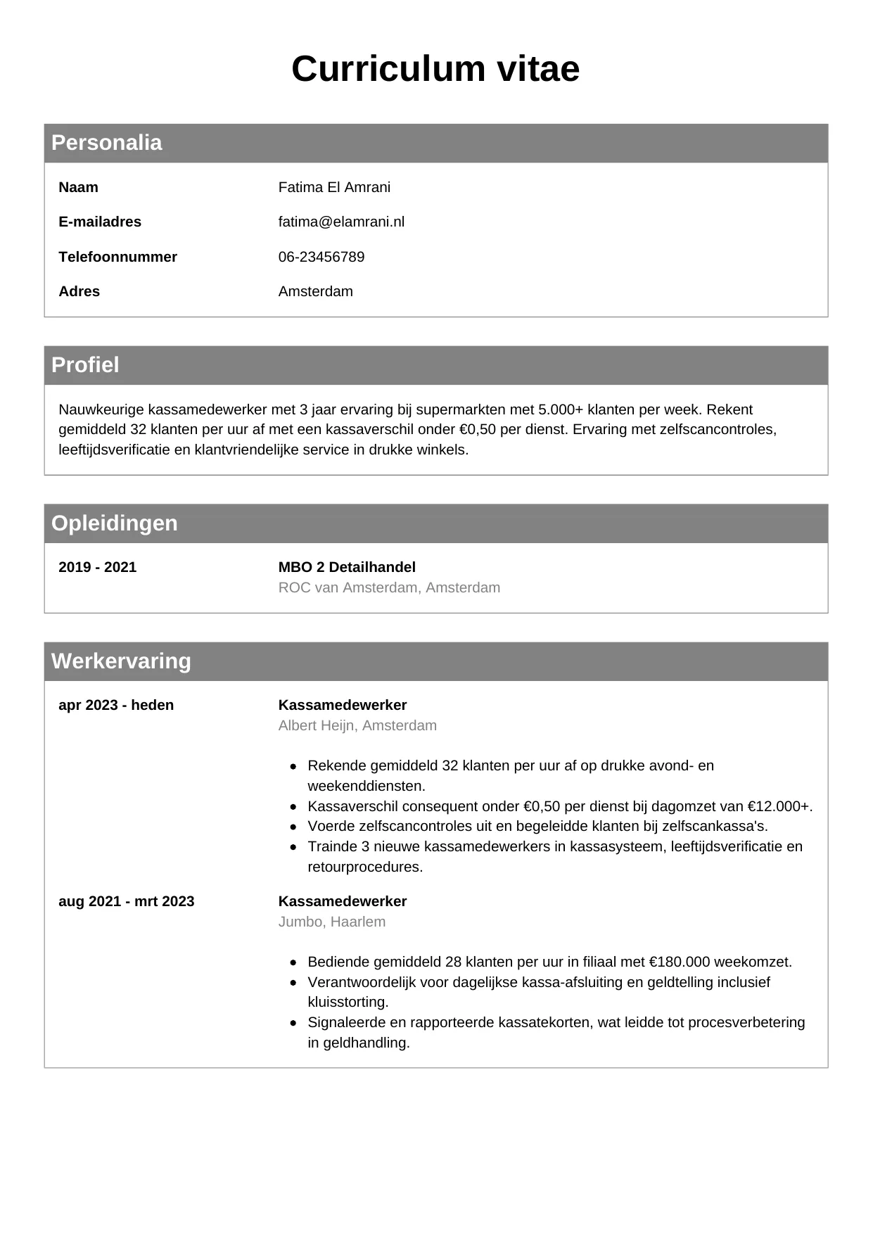 CV Klassiek voor kassamedewerker