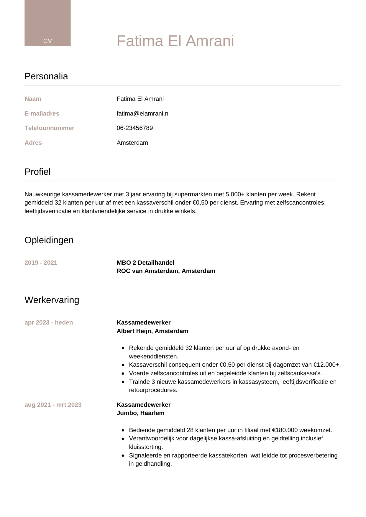 CV Luxe voor kassamedewerker
