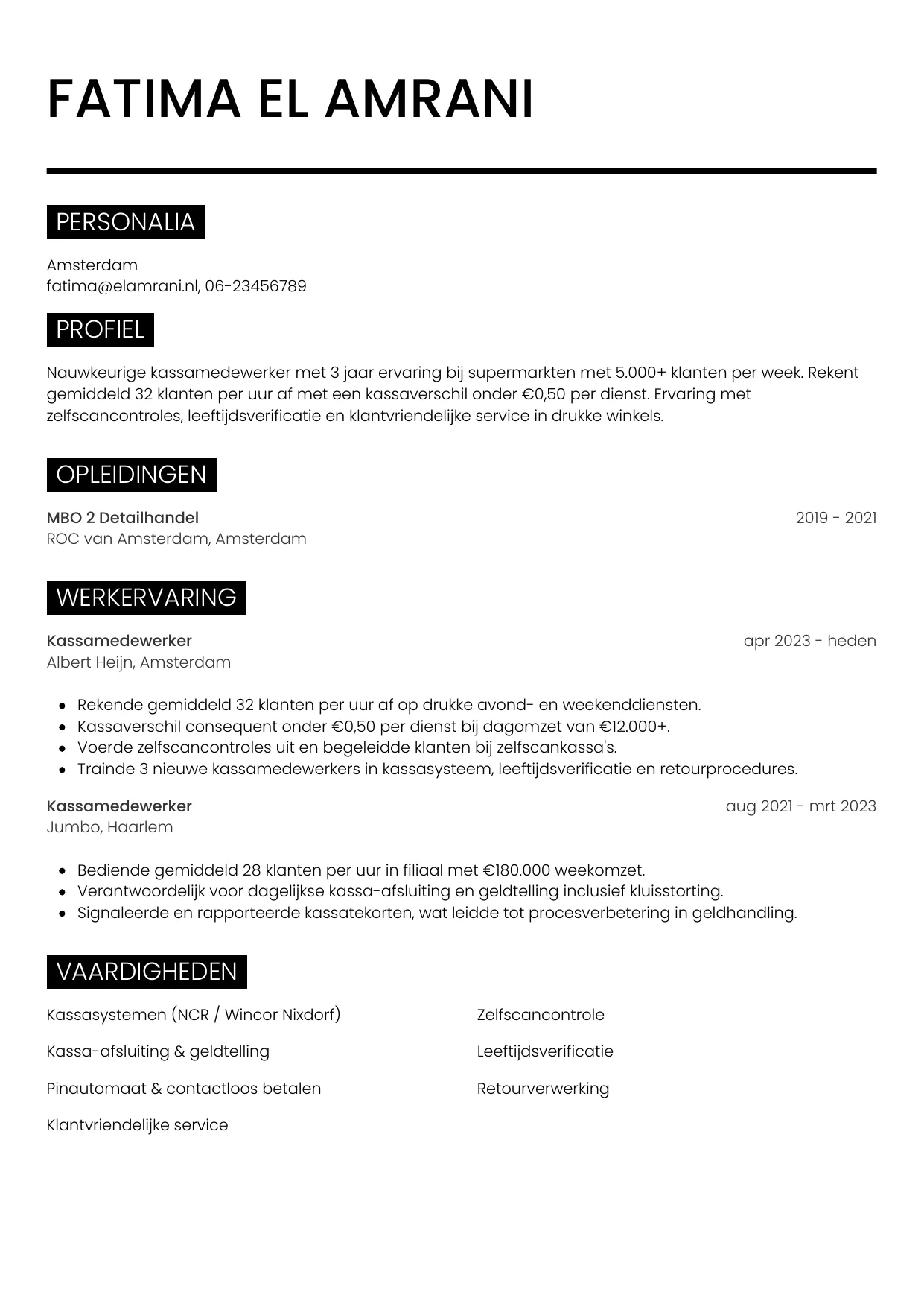 CV Metro voor kassamedewerker
