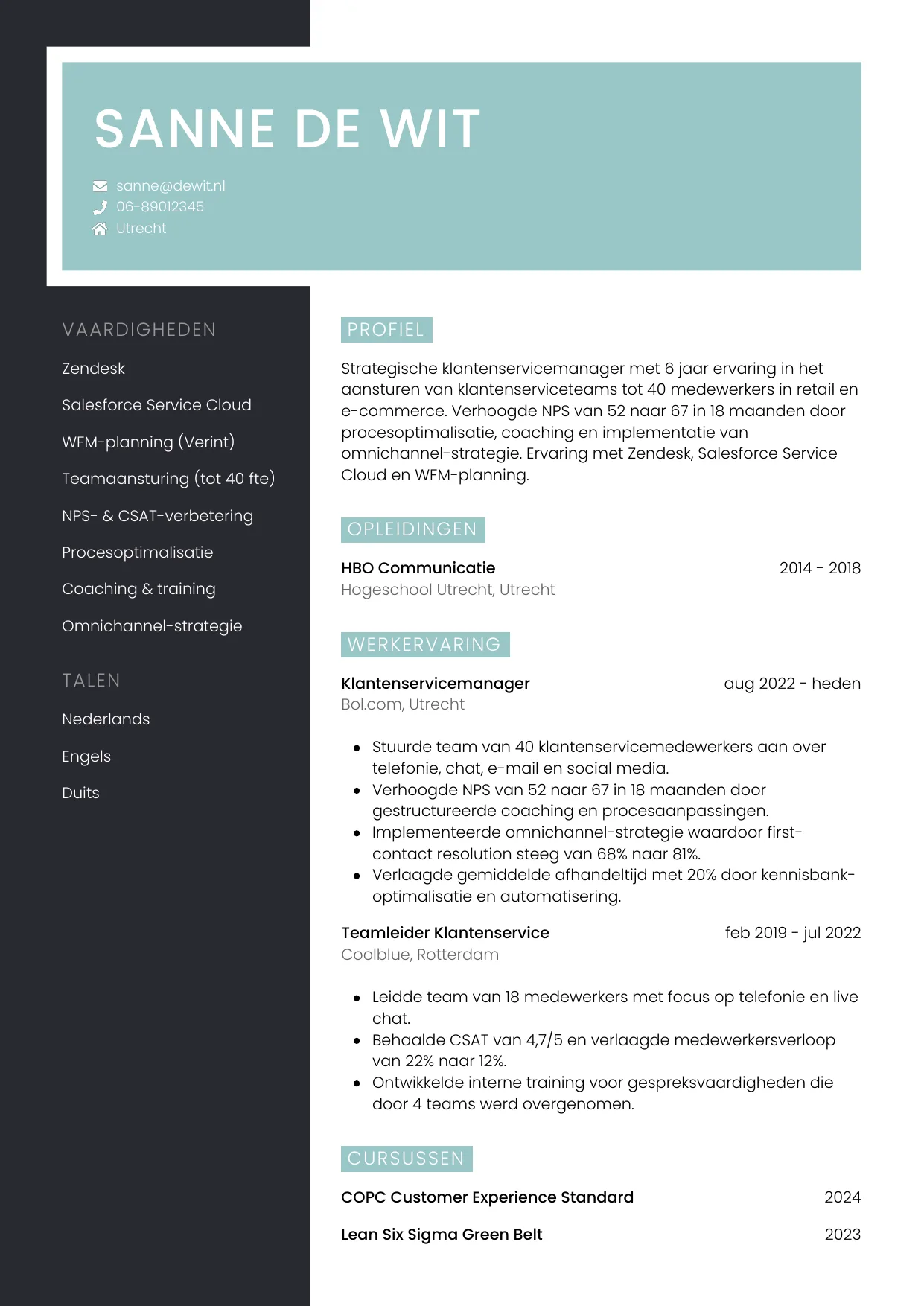 CV Elegant voor klantenservicemanager