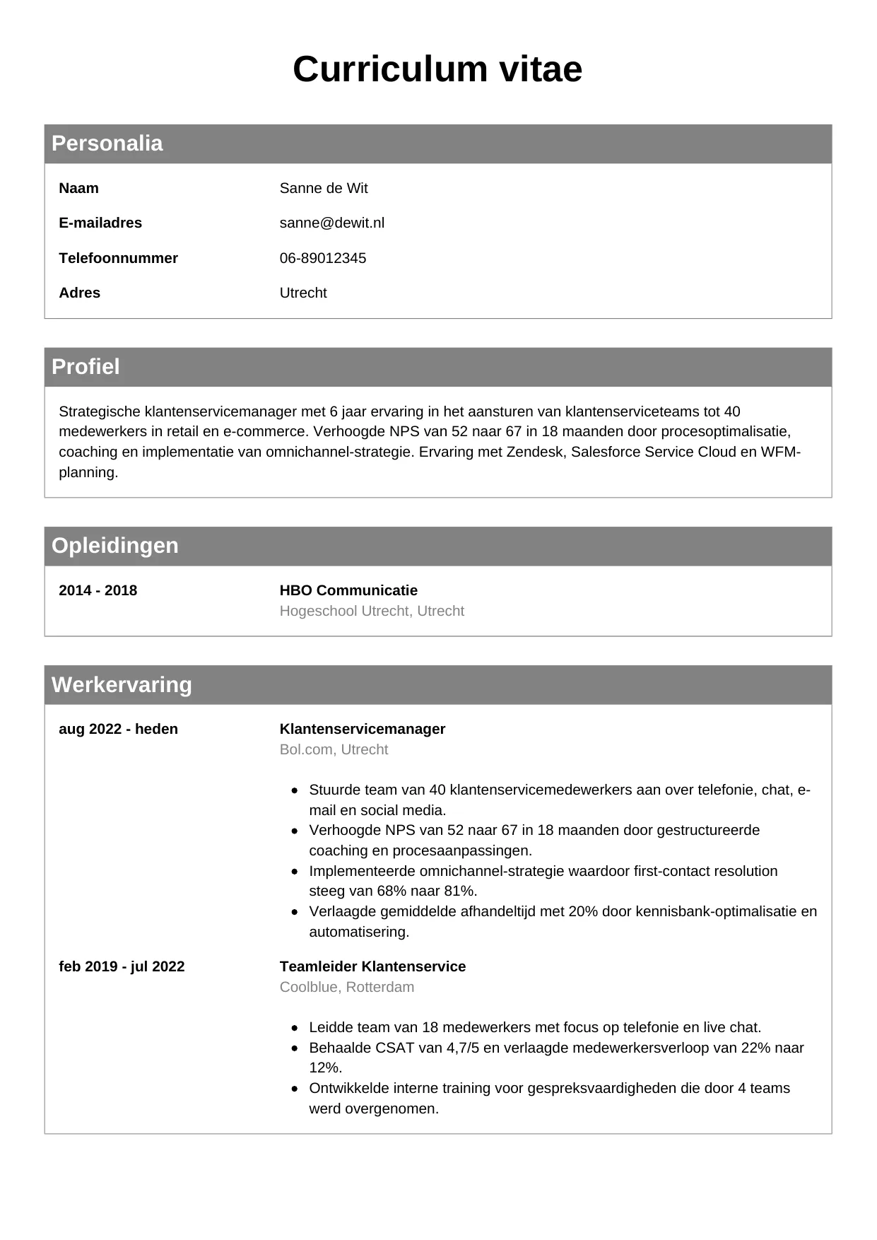 CV Klassiek voor klantenservicemanager